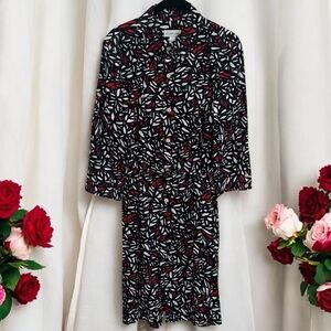 St. John Sport Black and Red Geometric Floral Belted Collared Dress Size S